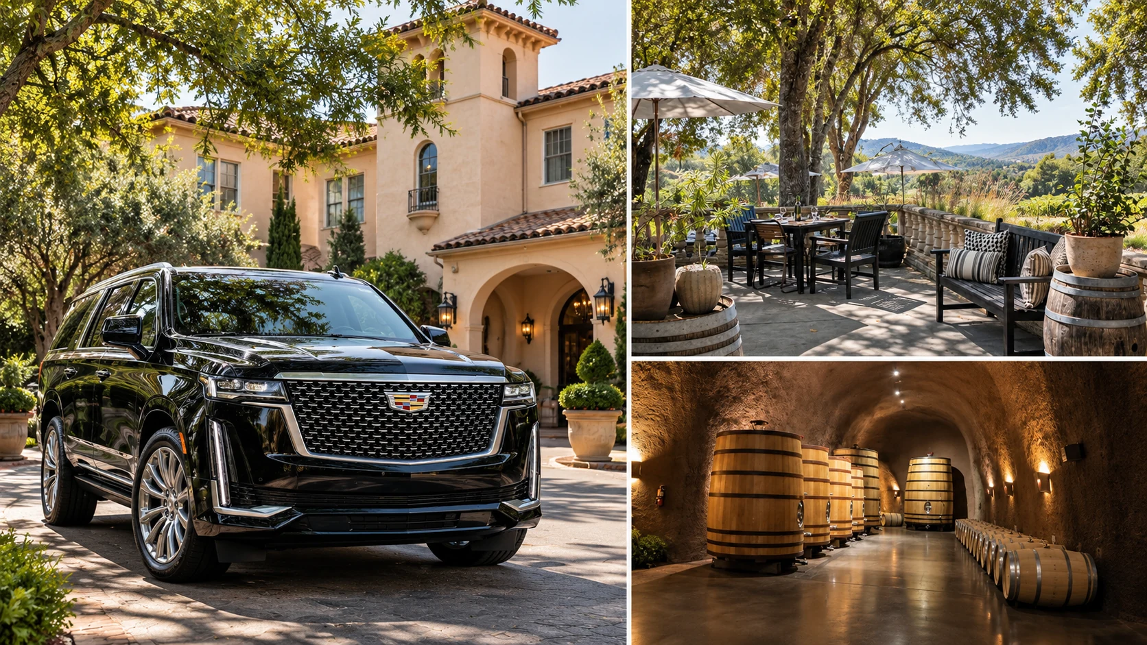 SFDRIVEN Cadillac Escalade at a Sonoma Valley estate, with a winery patio and barrel cellar